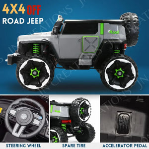 Grey and lime green 12V Kids Battery Operated 4X4 Heavy Duty Jumbo Ride on Jeep (Model WN-1166), a powerful electric toy car for adventurous children, ready for outdoor play. Usmile Toys."www.usmile.toys