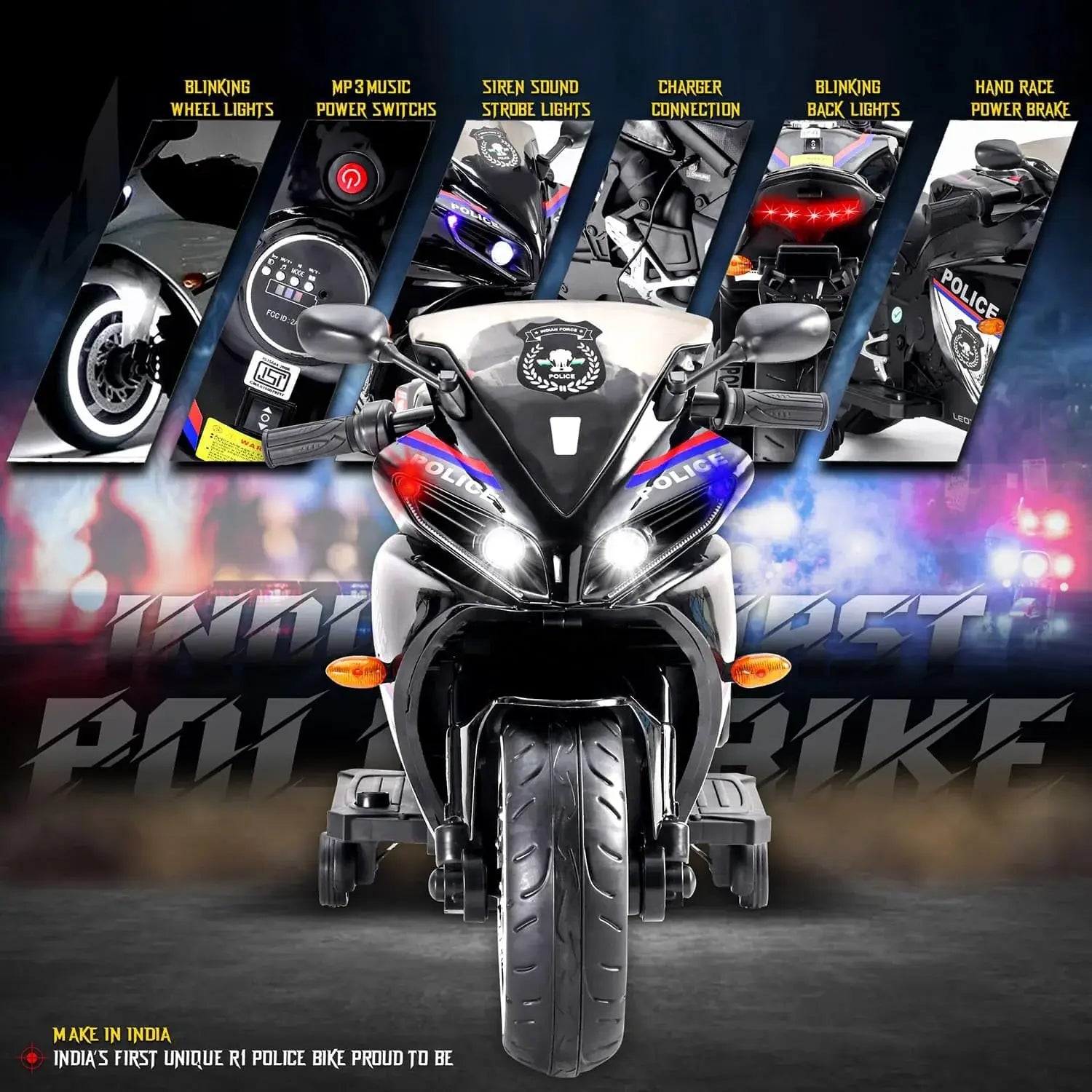 Kids' electric police ride-on bike with a 12V rechargeable battery, realistic lights and sounds, and a sleek black and white design, perfect for imaginative play. www.usmile.toys