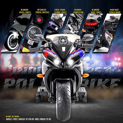 Kids' electric police ride-on bike with a 12V rechargeable battery, realistic lights and sounds, and a sleek black and white design, perfect for imaginative play. www.usmile.toys