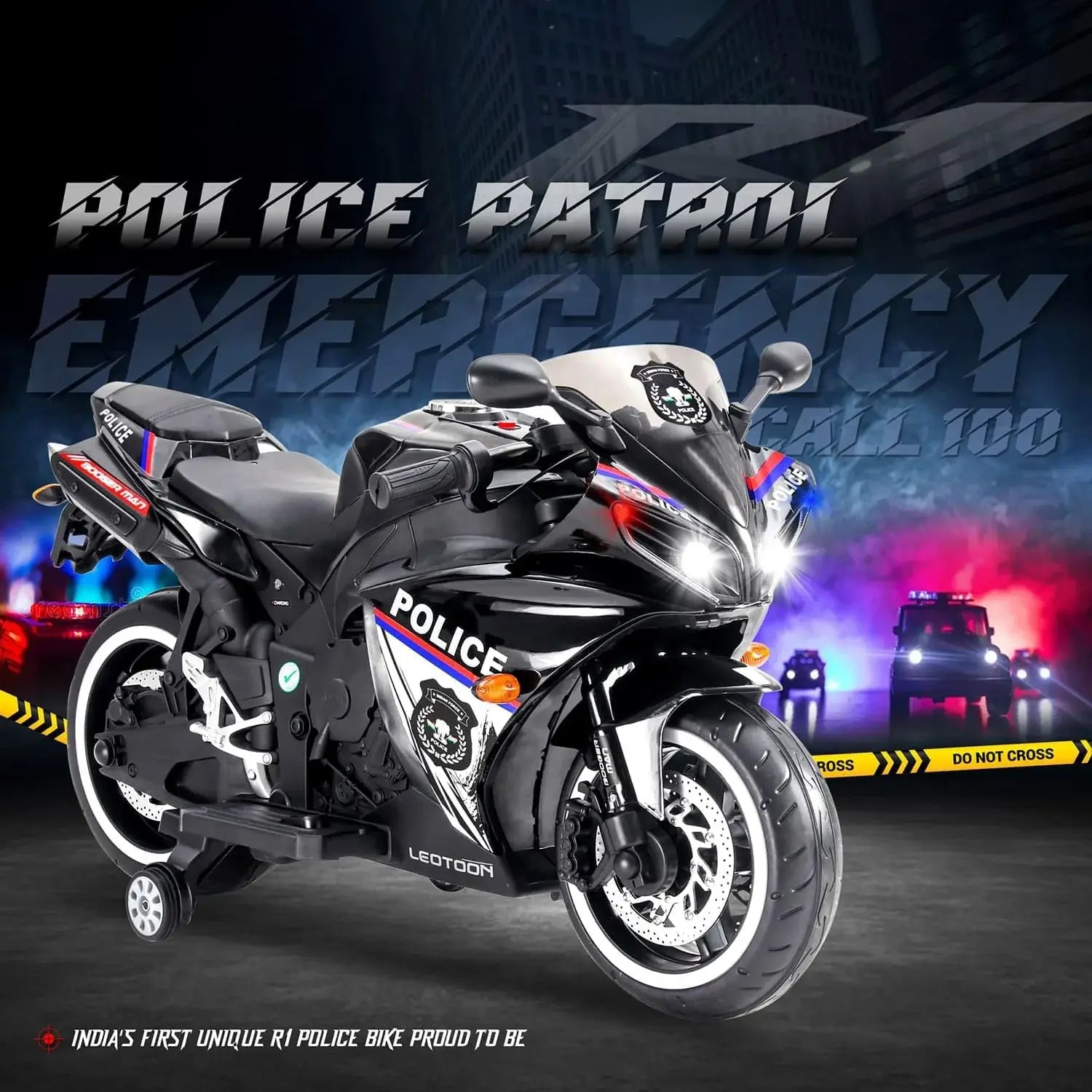 Black and white 12V Police Bike electric ride-on motorcycle for kids, featuring LED lights, police decals, and training wheels. A thrilling battery-operated toy for children from usmile.toys. www.usmile.toys