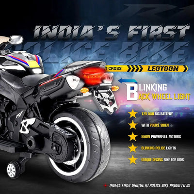 Kids' electric police ride-on bike with a 12V rechargeable battery, realistic lights and sounds, and a sleek black and white design, perfect for imaginative play. www.usmile.toys