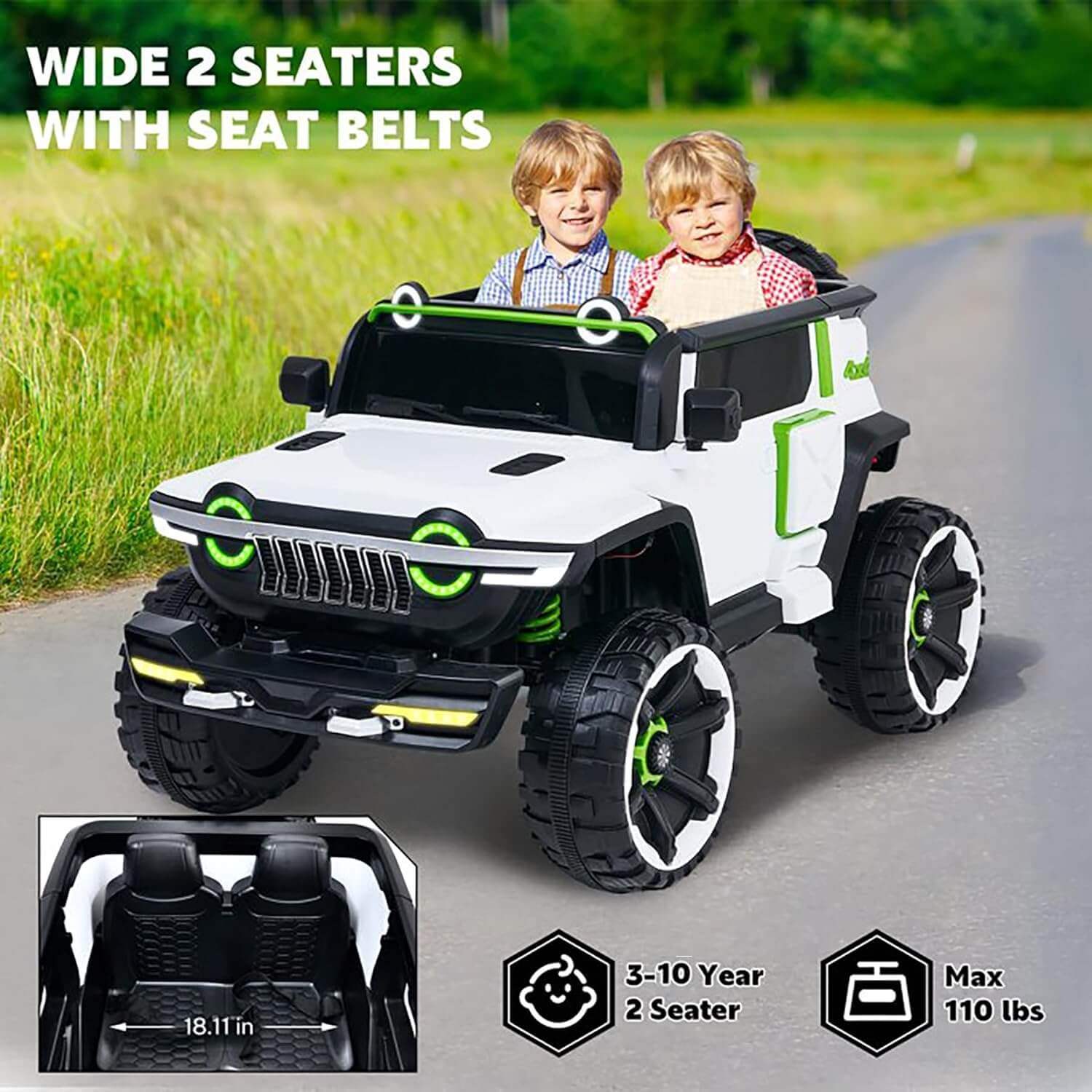 Children in a toy jeep with seat belts, on a road with grass and trees in the background.