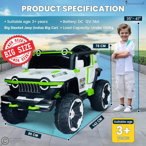 Toy jeep with specifications and a child for scale on a tiled floor.