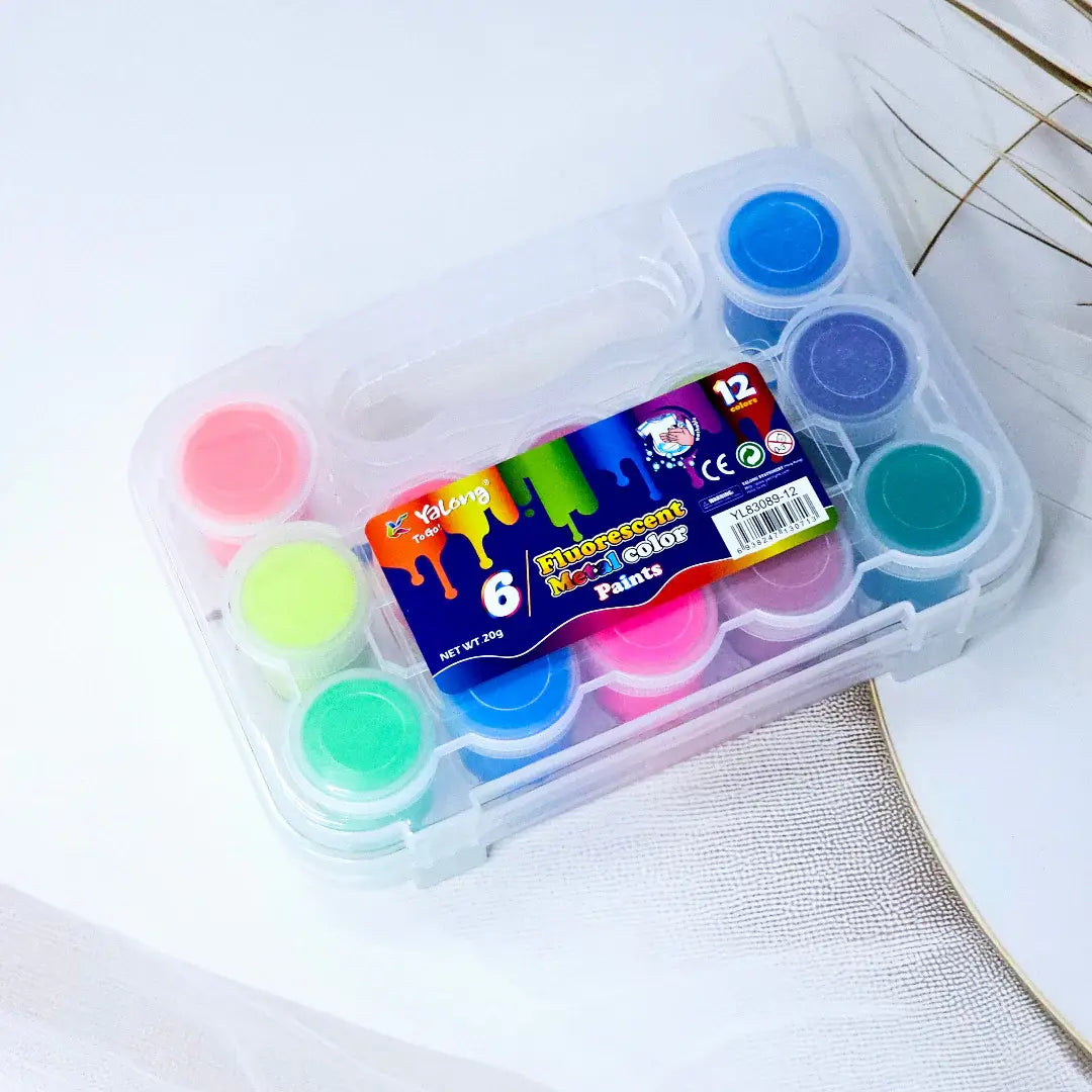 12 Color Fluorescent and Metallic Glitter Paint Set in a clear plastic case with a brush, ideal for kids' art projects. www.usmile.toys