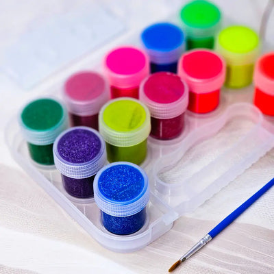vibrant paint set featuring 6 fluorescent and 6 metallic glitter colors, perfect for creative children. www.usmile.toys