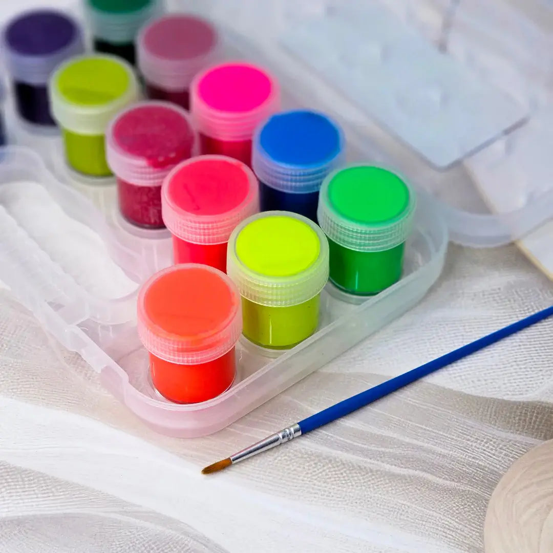 vibrant paint set featuring 6 fluorescent and 6 metallic glitter colors, perfect for creative children. www.usmile.toys