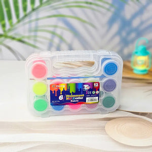 12 Color Fluorescent and Metallic Glitter Paint Set in a clear plastic case with a brush, ideal for kids' art projects. www.usmile.toys