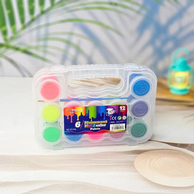 12 Color Fluorescent and Metallic Glitter Paint Set in a clear plastic case with a brush, ideal for kids' art projects. www.usmile.toys
