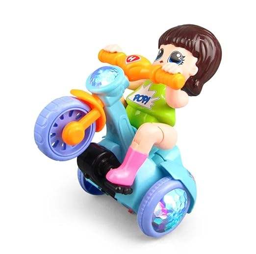 "U Smile Toys Musical 360° Rotating Stunt Electric Tricycle Toy, a bright blue battery-operated toy featuring a girl character rider, music, LED lights, and unique spinning action, engaging children and toddlers."