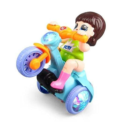 "U Smile Toys Musical 360° Rotating Stunt Electric Tricycle Toy, a bright blue battery-operated toy featuring a girl character rider, music, LED lights, and unique spinning action, engaging children and toddlers."