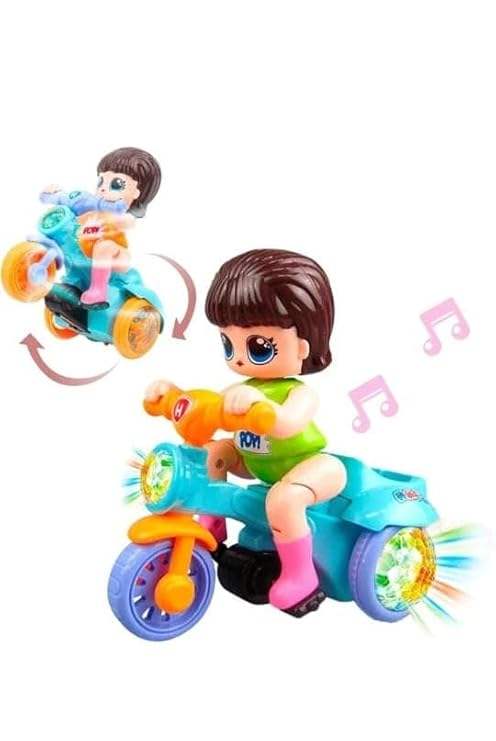"U Smile Toys Musical 360° Rotating Stunt Electric Tricycle Toy, a bright blue battery-operated toy featuring a girl character rider, music, LED lights, and unique spinning action, engaging children and toddlers."