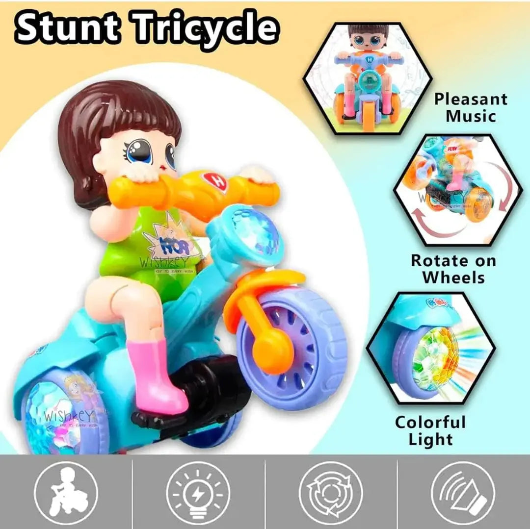 "U Smile Toys Musical 360° Rotating Stunt Electric Tricycle Toy, a bright blue battery-operated toy featuring a girl character rider, music, LED lights, and unique spinning action, engaging children and toddlers."