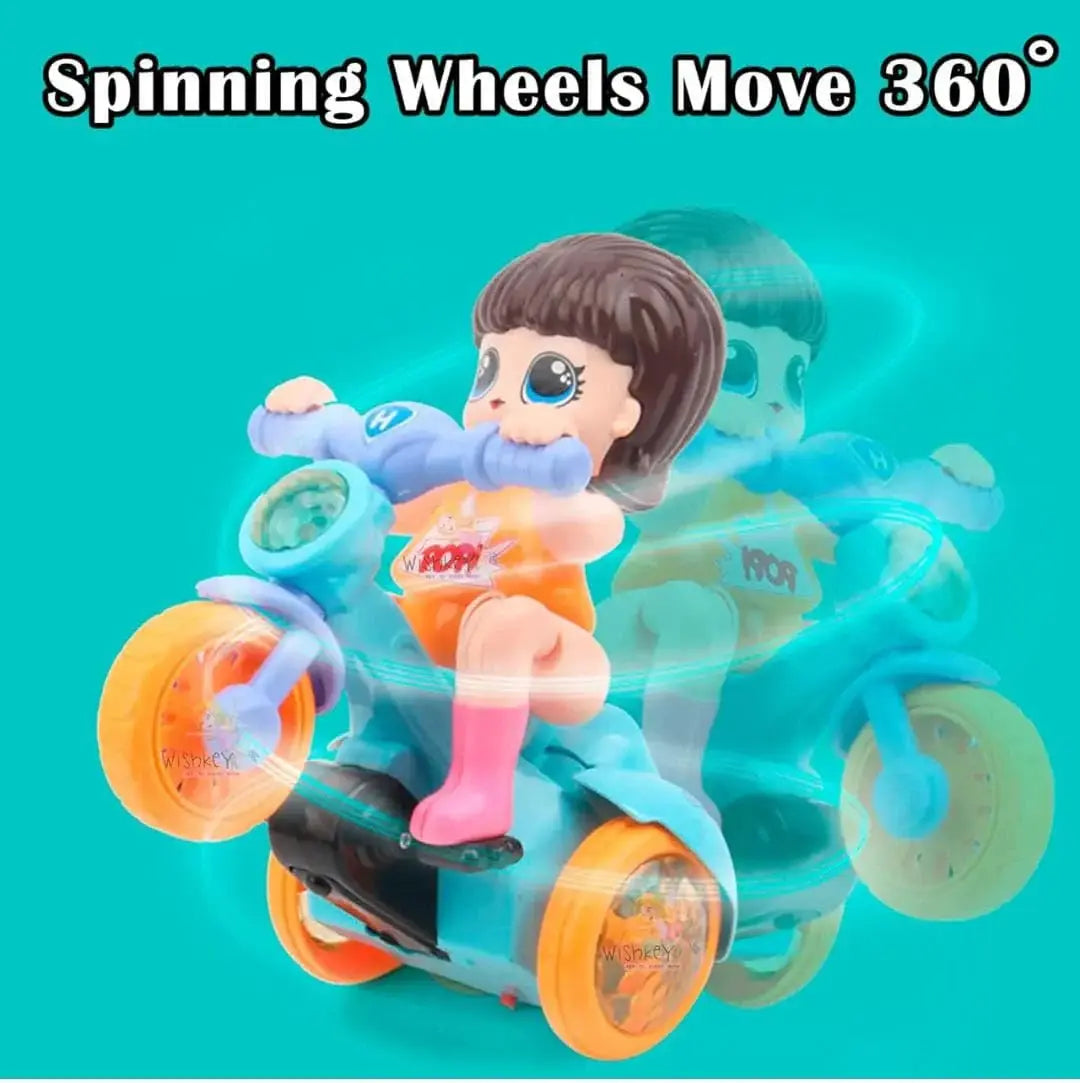 "U Smile Toys Musical 360° Rotating Stunt Electric Tricycle Toy, a bright blue battery-operated toy featuring a girl character rider, music, LED lights, and unique spinning action, engaging children and toddlers."