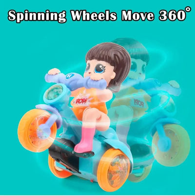 "U Smile Toys Musical 360° Rotating Stunt Electric Tricycle Toy, a bright blue battery-operated toy featuring a girl character rider, music, LED lights, and unique spinning action, engaging children and toddlers."