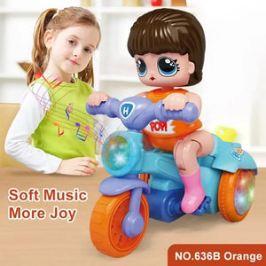 "U Smile Toys Musical 360° Rotating Stunt Electric Tricycle Toy, a bright blue battery-operated toy featuring a girl character rider, music, LED lights, and unique spinning action, engaging children and toddlers."