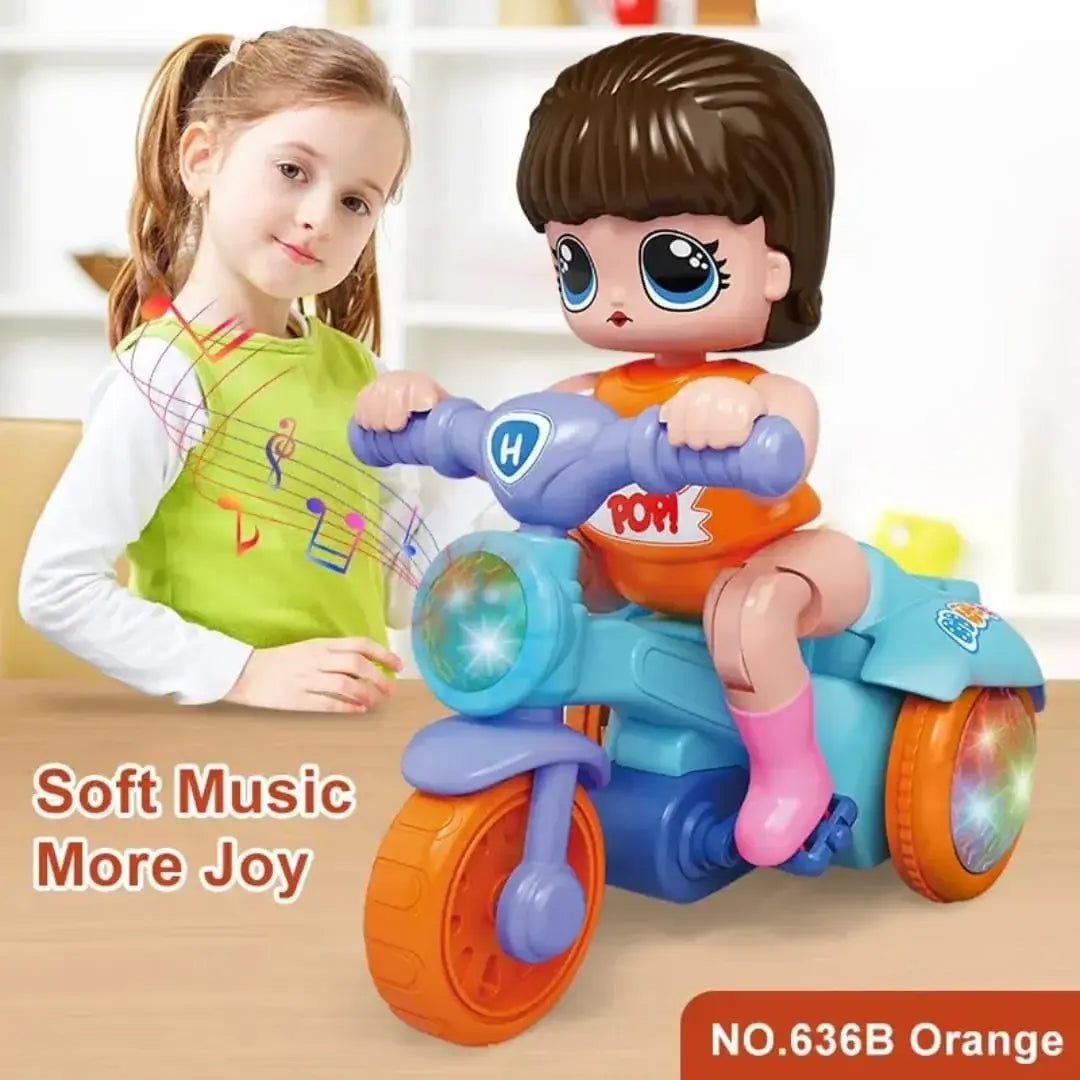 "U Smile Toys Musical 360° Rotating Stunt Electric Tricycle Toy, a bright blue battery-operated toy featuring a girl character rider, music, LED lights, and unique spinning action, engaging children and toddlers."