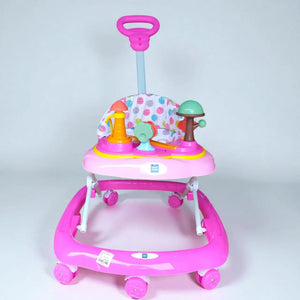 "Vibrant pink MeeMee Baby Walker with an interactive toy tray and adjustable push handle, perfect for babies 9+ months learning to walk and supporting early mobility. Usmile Toys."
