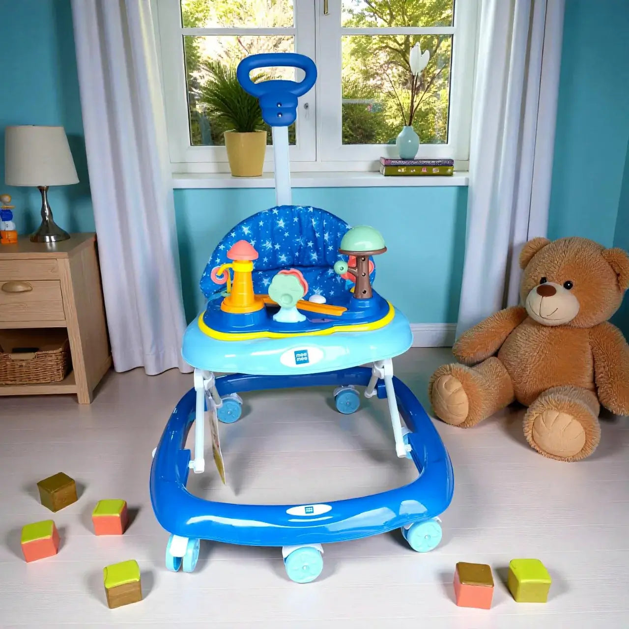 "Vibrant blue MeeMee Baby Walker with an interactive toy tray and adjustable push handle, perfect for babies 9+ months learning to walk and supporting early mobility. Usmile Toys."