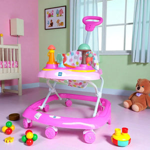 "Vibrant pink MeeMee Baby Walker with an interactive toy tray and adjustable push handle, perfect for babies 9+ months learning to walk and supporting early mobility. Usmile Toys"