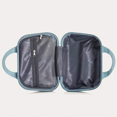 Portable light blue kids travel makeup bag, ideal for little ones to carry their beauty essentials for vacations and sleepovers. www.usmile.toys