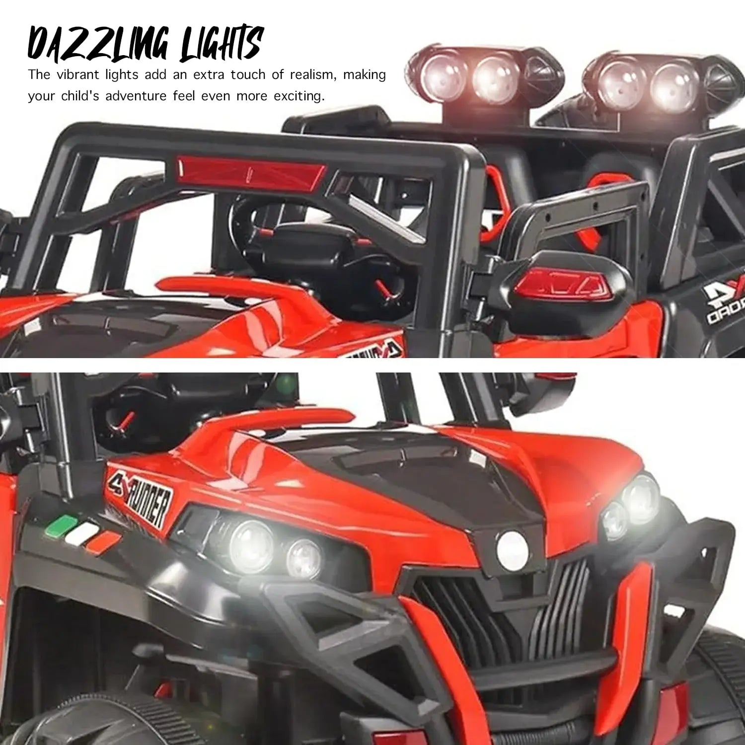 Red and black Battery Operated 4x4 Jeep ride-on toy for kids, featuring realistic lights, mu www.usmile.toys