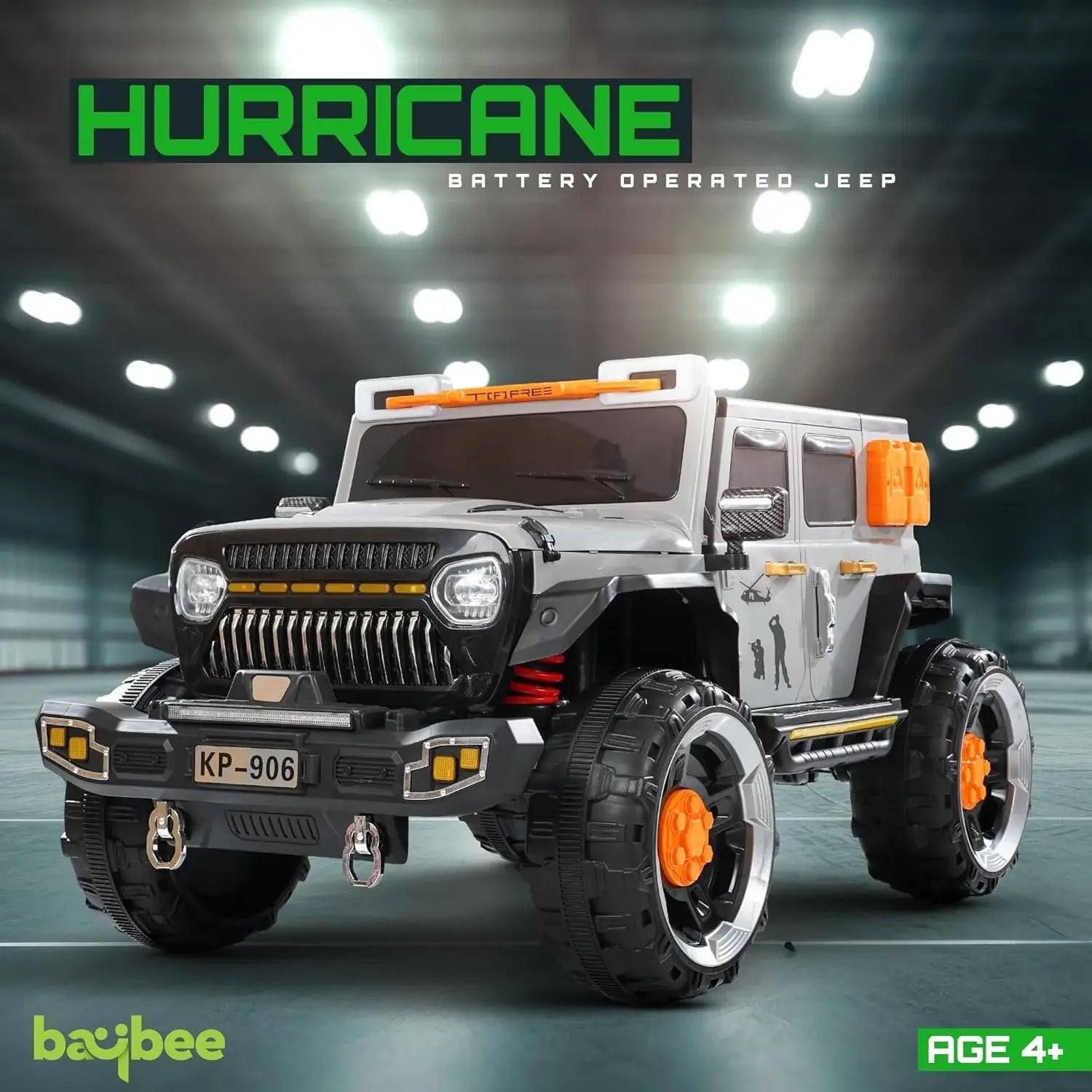 Powerful looking baby big battery car, a detailed grey and black ride-on jeep with bright front and roof lights, orange side indicators, and a robust build, providing an exciting driving experience for kids." www.usmile.toys