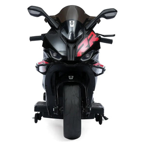 Kids' large black electric ride-on sport motorcycle with 12V 8Ah battery, dual 45W motors, and red training wheels.www.usmile.toys