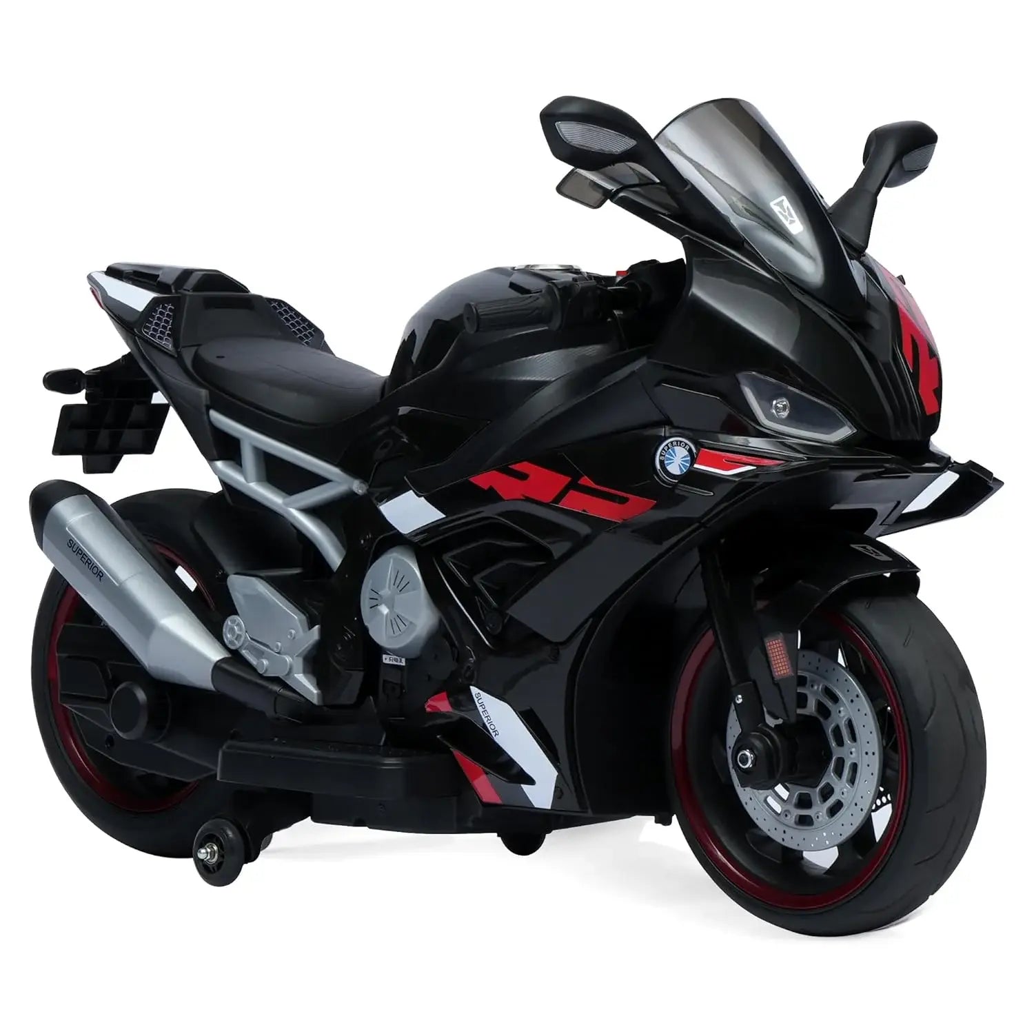 Kids' large black electric ride-on sport motorcycle with 12V 8Ah battery, dual 45W motors, and red training wheels. www.usmile.toys 