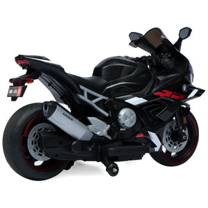 Kids' large black electric ride-on sport motorcycle with 12V 8Ah battery, dual 45W motors, and red training wheels. www.usmile.toys