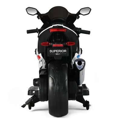 Usmile Toys black battery-powered kids' biggest bike with realistic exhaust pipes, comfortable black seat, and red rim details. www.usmile.toys