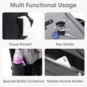 Stylish R For Rabbit Caramello Smart Baby Diaper Bag in grey and black, designed as a spacious backpack with multiple compartments and a front zipper pocket, perfect for organizing baby essentials. From uSmile.toys." www.usmile.toys