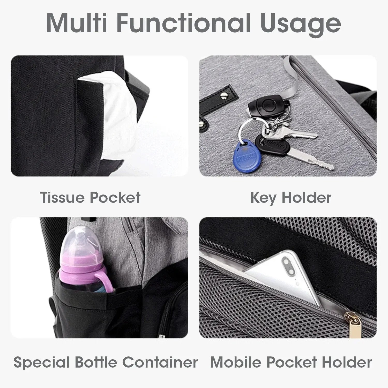 Stylish R For Rabbit Caramello Smart Baby Diaper Bag in grey and black, designed as a spacious backpack with multiple compartments and a front zipper pocket, perfect for organizing baby essentials. From uSmile.toys." www.usmile.toys
