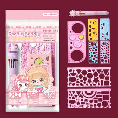 Doodle Ruler Stationary Set (8pcs): Includes drawing stencils, rulers, and a 10-color pen for creative art.
