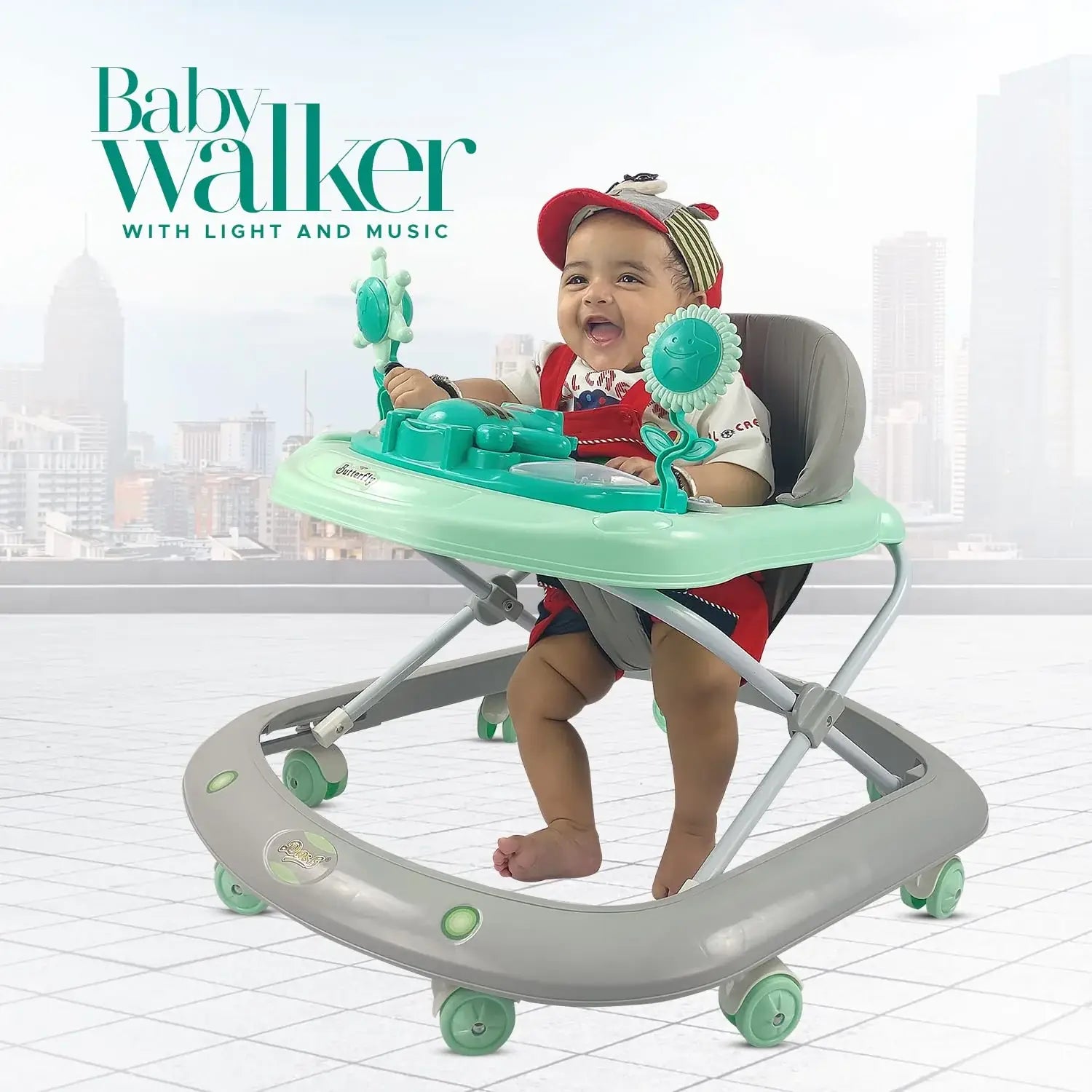Sturdy and colorful baby walker in a natural outdoor setting, equipped with engaging butterfly-themed toys and Usmile branding
www.usmile.toys