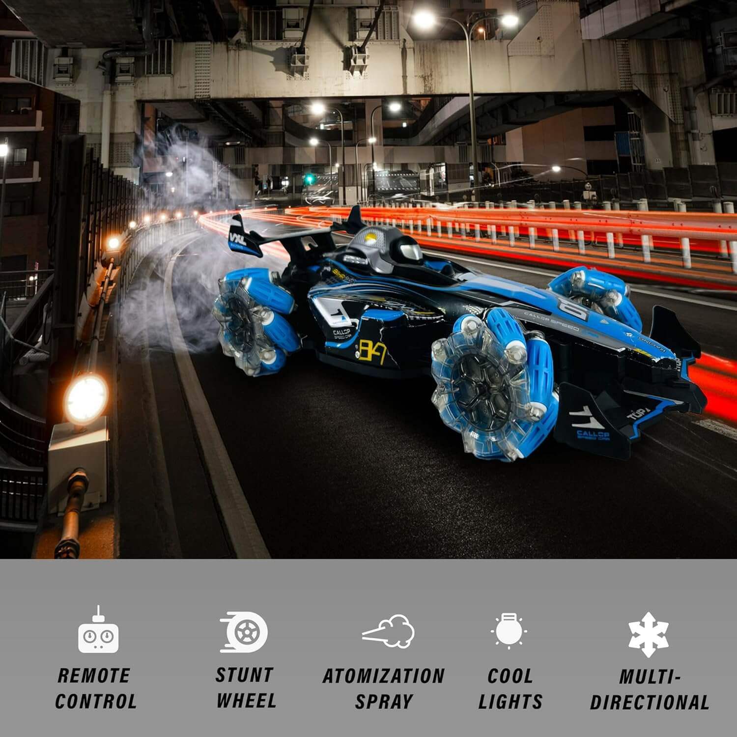 Gesture control racing car, blue and black 4WD high-speed RC drift car with omnidirectional wheels, hand sensor wrist remote, and traditional controller for kids and adults. www.usmile.toys