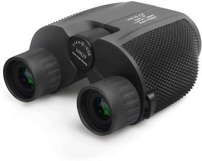 Gray binoculars with brand logo on a white background