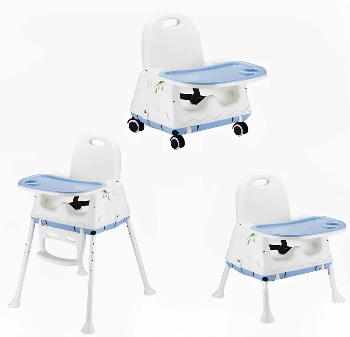 White and blue convertible high chair for baby kids, shown as a safety toddler feeding booster seat, a dining table chair, and a low chair with wheels. Ideal for infant and toddler mealtime on usmile.toys. www.usmile.toys