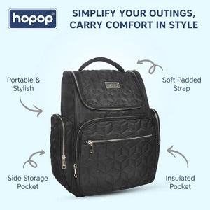 Stylish black textured diaper backpack with multiple zippered compartments and a top handle, perfect for organizing baby essentials. www.usmile.toys