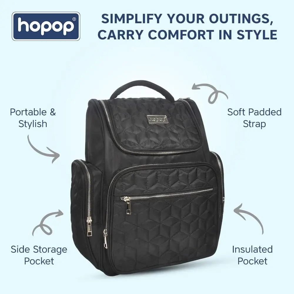 Stylish black textured diaper backpack with multiple zippered compartments and a top handle, perfect for organizing baby essentials. www.usmile.toys