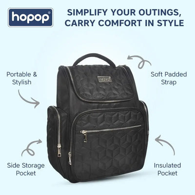 Stylish black textured diaper backpack with multiple zippered compartments and a top handle, perfect for organizing baby essentials. www.usmile.toys
