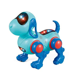 "U Smile Toys Intelligent Robot Dog Toy for Kids, a futuristic electronic pet in bright blue and red plastic, featuring interactive functions, lights, and music, stimulating imaginative play for children." www.usmile.toys