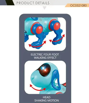 "U Smile Toys Intelligent Robot Dog Toy for Kids, a futuristic electronic pet in bright blue and red plastic, featuring interactive functions, lights, and music, stimulating imaginative play for children." www.usmile.toys