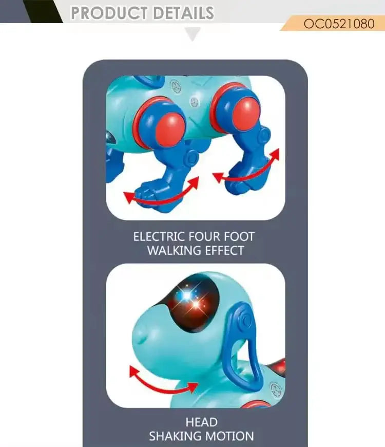 "U Smile Toys Intelligent Robot Dog Toy for Kids, a futuristic electronic pet in bright blue and red plastic, featuring interactive functions, lights, and music, stimulating imaginative play for children." www.usmile.toys