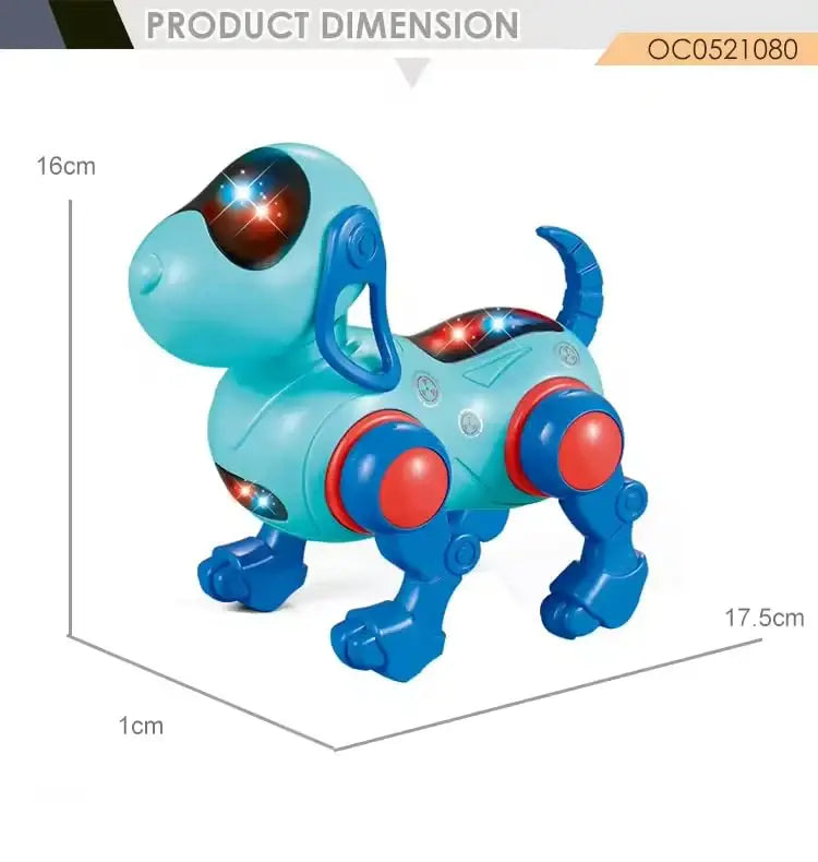 "U Smile Toys Intelligent Robot Dog Toy for Kids, a futuristic electronic pet in bright blue and red plastic, featuring interactive functions, lights, and music, stimulating imaginative play for children." www.usmile.toys