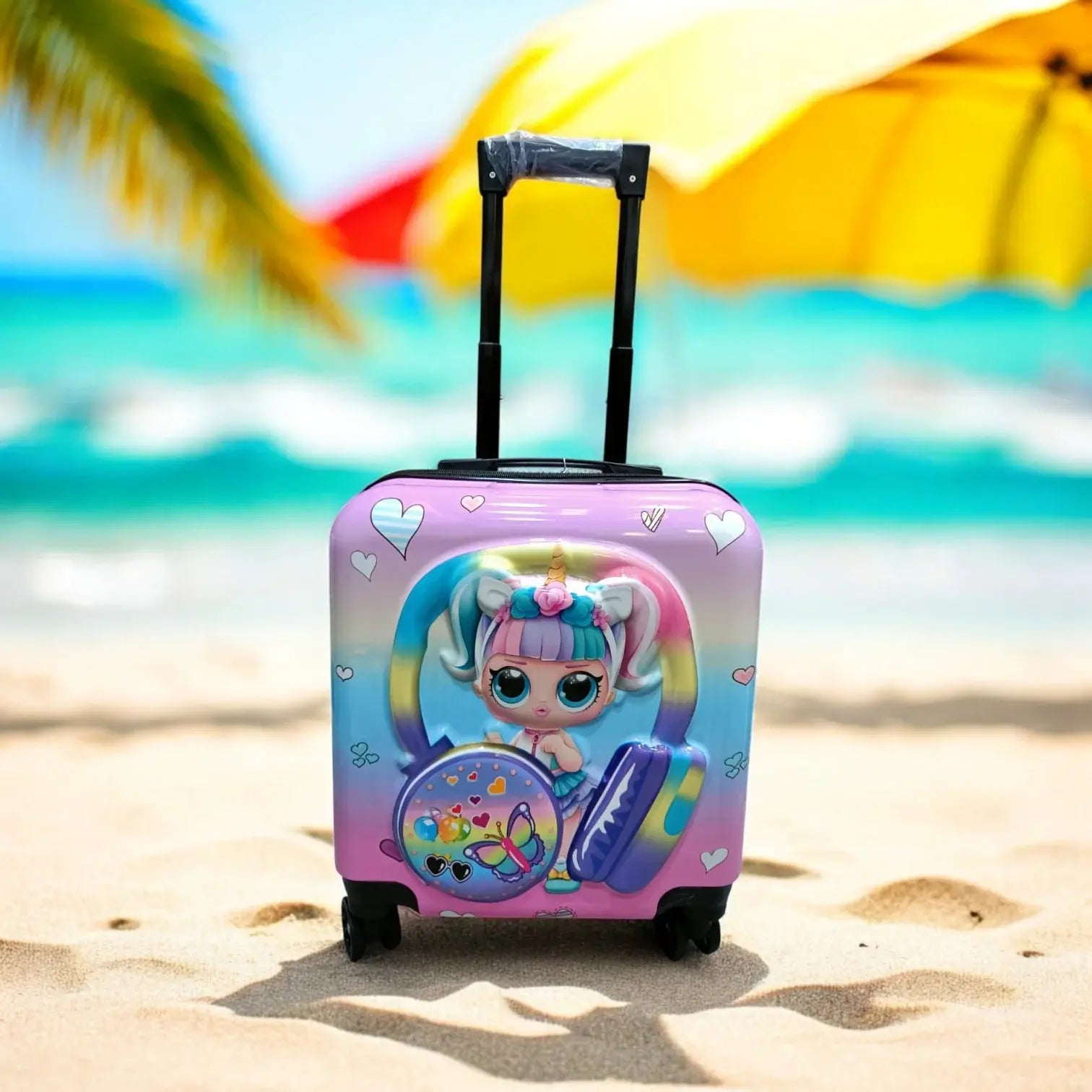 Pink and blue 3D kids trolley bag with a cute cartoon doll and unicorn headphones design, featuring hearts and stars. Perfect children's luggage for www.usmile.toys