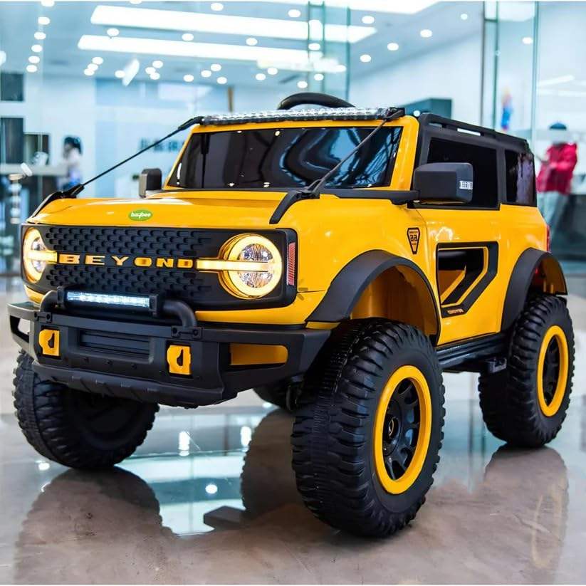 toy car with realiU Smile Toys sleek white battery operated jeep for kids, a large ride-on stic design, featuring bright LED headlights, a roof light bar, built-in music, durable tires with white rims, and robust suspension, ideal for  www.usmile.toys