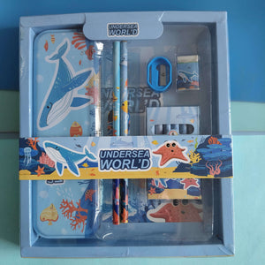 Stationery set with undersea theme packaging on a blue background
