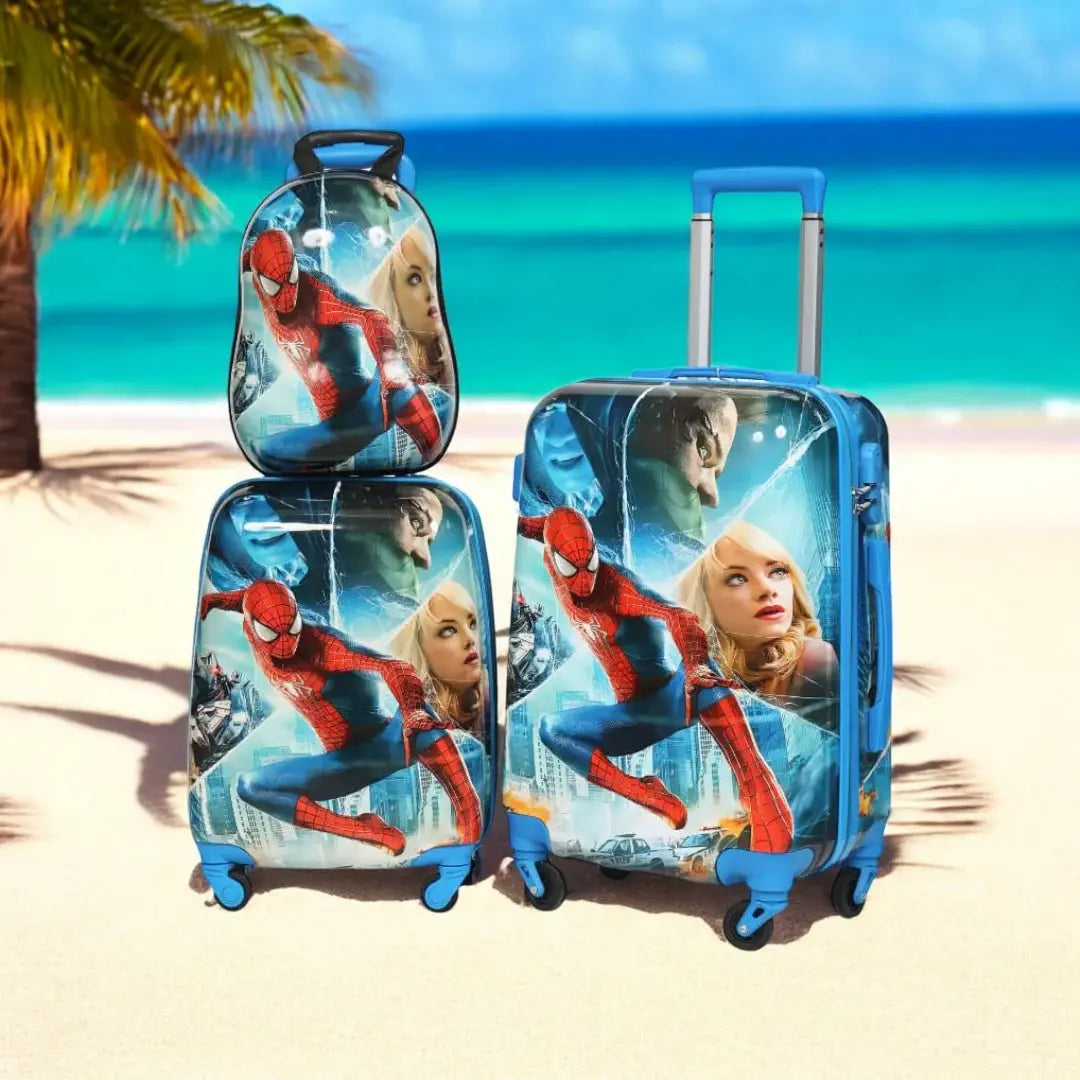 Blue Spiderman kids travel luggage 3 piece combo set, including a backpack, small trolley, and large trolley bag. Perfect children's travel bags for www.usmile.toys