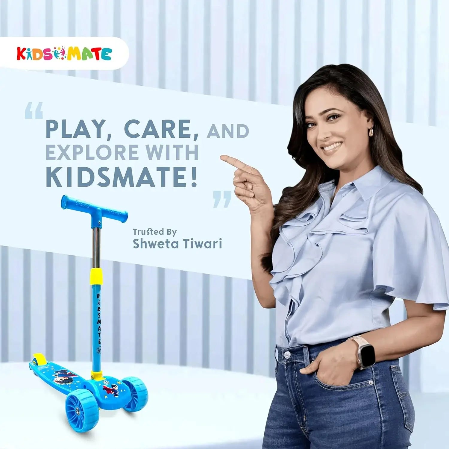 "Vibrant blue Kidsmate Rider Pro Kick Scooter, a stable 3-wheel design with wide, glowing PU LED wheels for children aged 2 to 12 years. This durable scooter is great for both boys and girls learning to skate, promoting balance and outdoor play. Available at Usmile Toys." www.usmile.toys