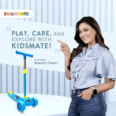 "Vibrant blue Kidsmate Rider Pro Kick Scooter, a stable 3-wheel design with wide, glowing PU LED wheels for children aged 2 to 12 years. This durable scooter is great for both boys and girls learning to skate, promoting balance and outdoor play. Available at Usmile Toys." www.usmile.toys